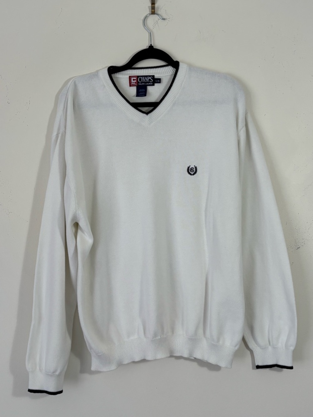 Chaps RL  White Classic Nautical Cotton Lg  V-Neck Sweater with Navy Trim